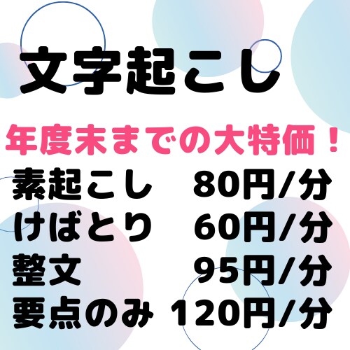 文字起こし！年度内の特別価格！60円/分で承ります 長時間、複数、お急ぎ便OK！お気軽にどうぞ！ イメージ1