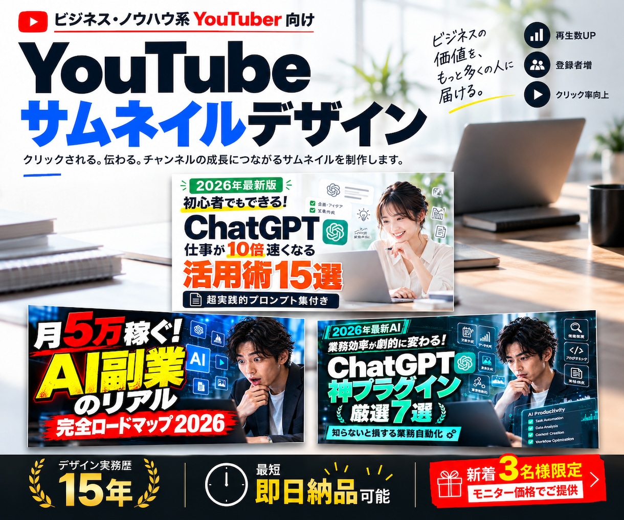 ビジネス・ノウハウ系動画サムネイルをデザインします ビジネス・解説動画を、ひと目で内容が伝わるデザインに イメージ1