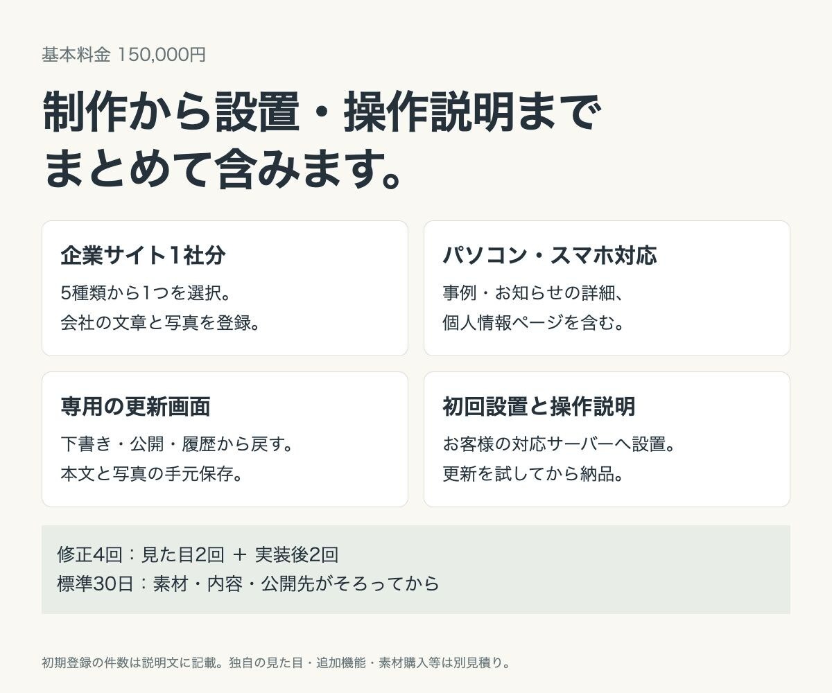 自社で更新できる企業ホームページを制作します ５種類から選べる｜文章と写真を自社で更新 イメージ5