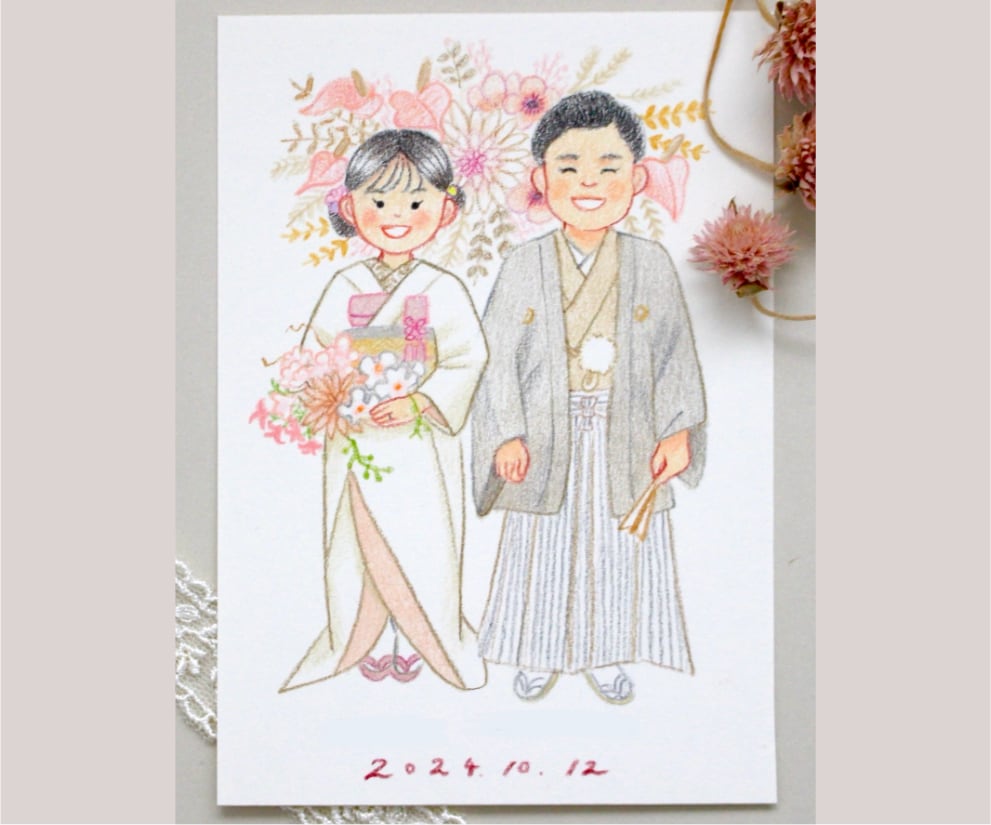 色鉛筆で絵本タッチのウェディングイラスト作成します 背景基本無料&下書き修正何回でも◎原画とデータどちらも納品！ イメージ10