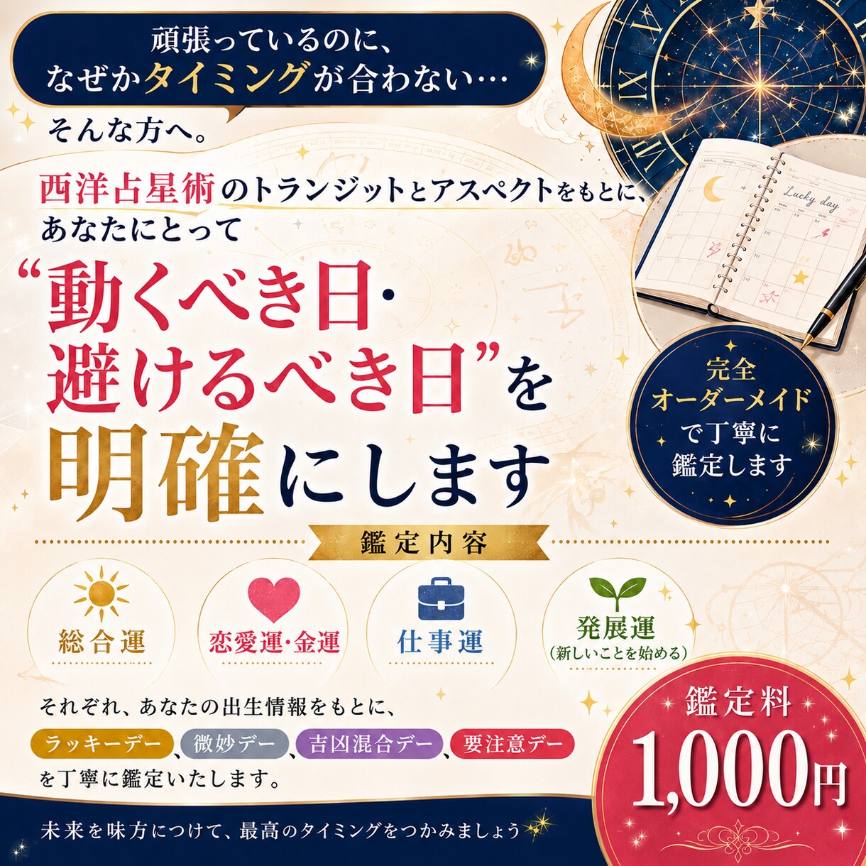 今月のチャンス日＆NG日を星で具体鑑定します 西洋占星術をもとに、オーダーメイドで幸運日鑑定。 イメージ1