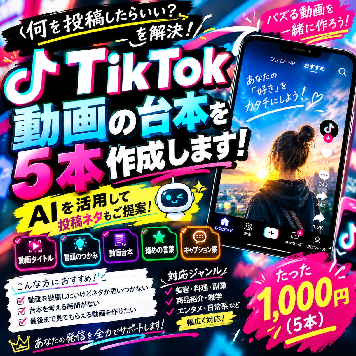TikTok動画の台本を5本作成します AIを活用して投稿ネタもご提案します イメージ1