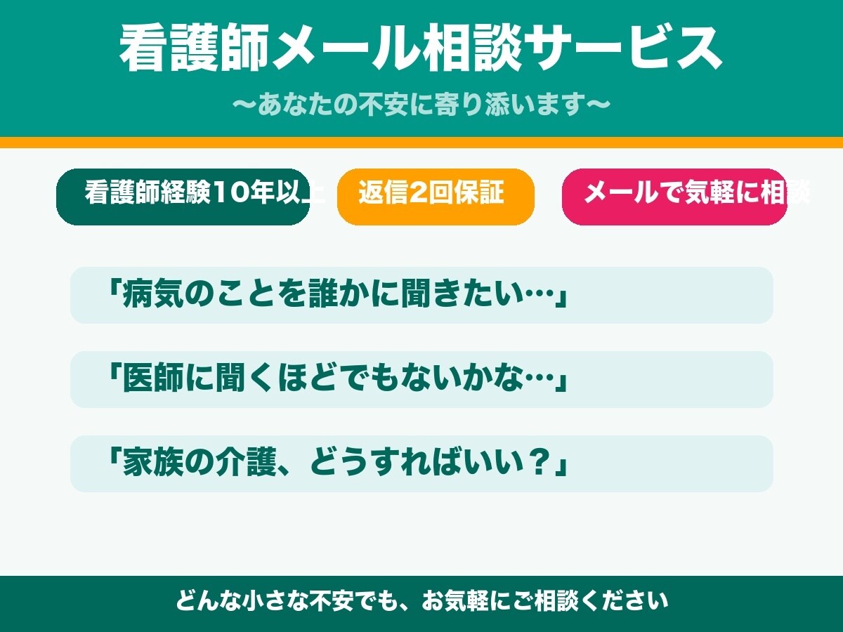 どんな疑問もOK。多科経験看護師が丁寧に回答します 病気・介護・終末期…一人で悩まず相談してください イメージ1