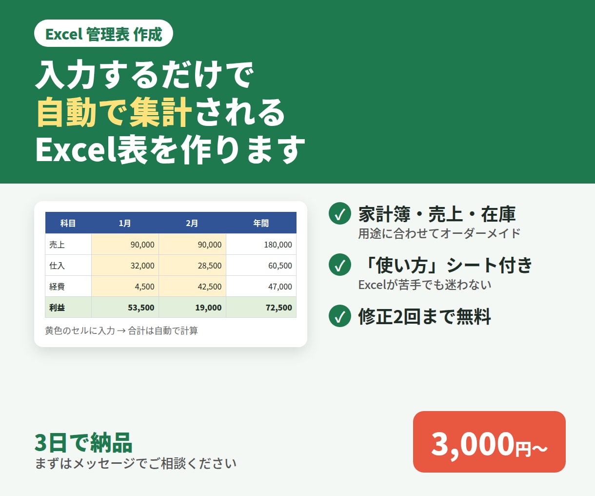 入力するだけで自動集計されるExcel表を作ります 家計簿・収支・売上・在庫など、あなた専用の管理表を作成 イメージ1