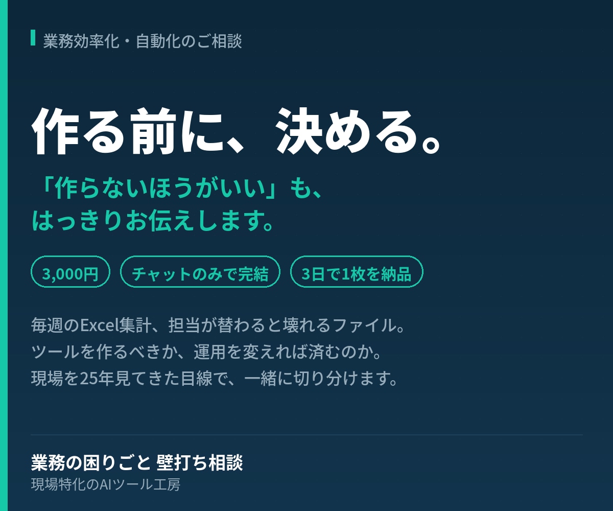業務の困りごと、AIツール化を壁打ちします 作る前に決める。作らない場合の代案までお出しします イメージ1