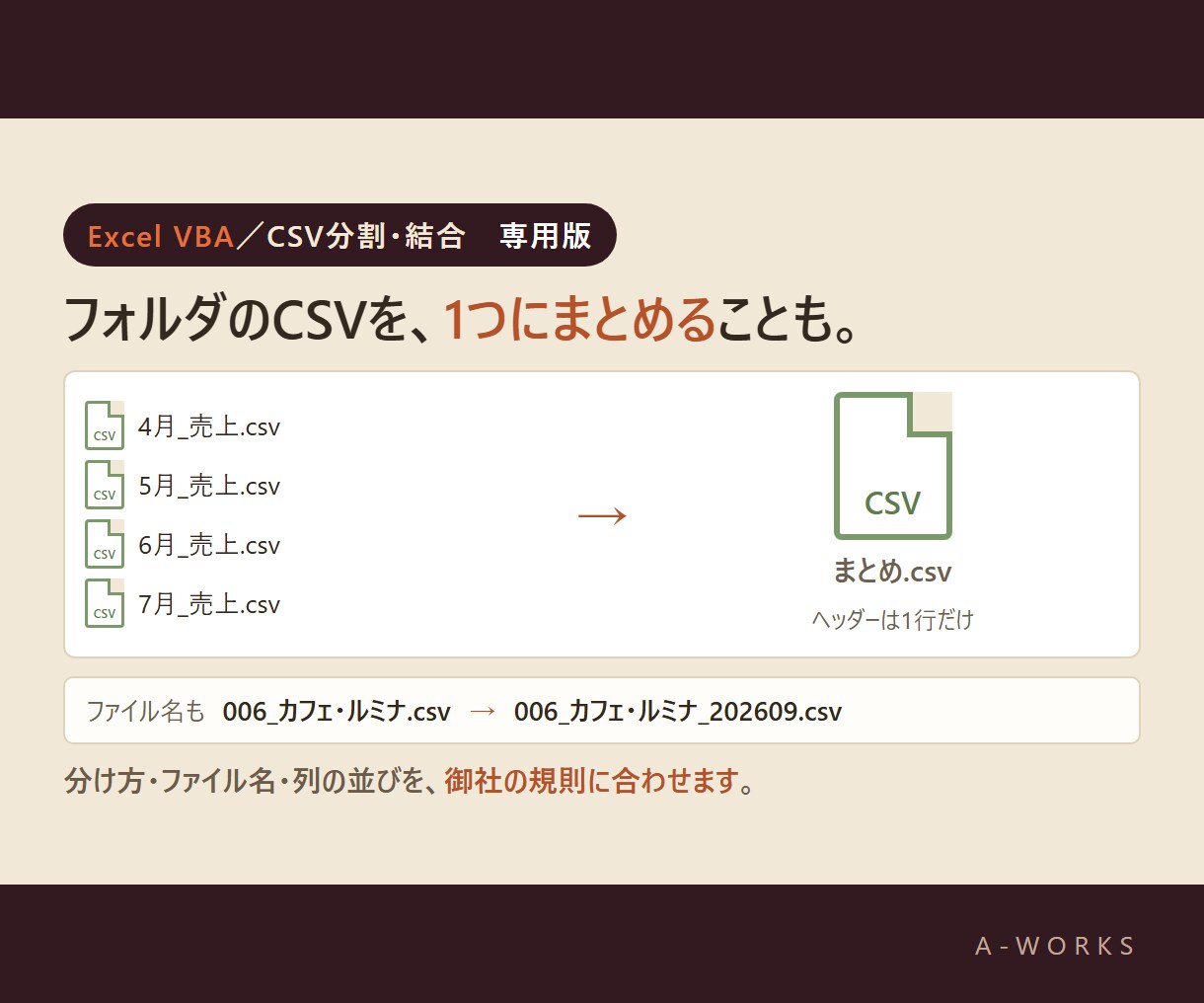 大量のCSVを条件別に自動分割し仕分けします 御社のCSVの形に合わせて、分割も結合もボタン1つで イメージ5