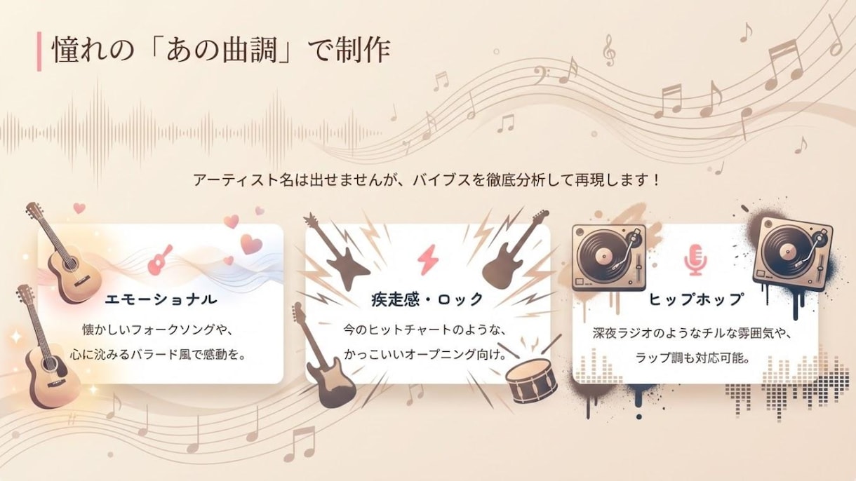 思い出や自己紹介を憧れの曲調で楽曲・MVにします 感動曲もネタ曲も、憧れのあの曲調で人生を歌にします！ イメージ4