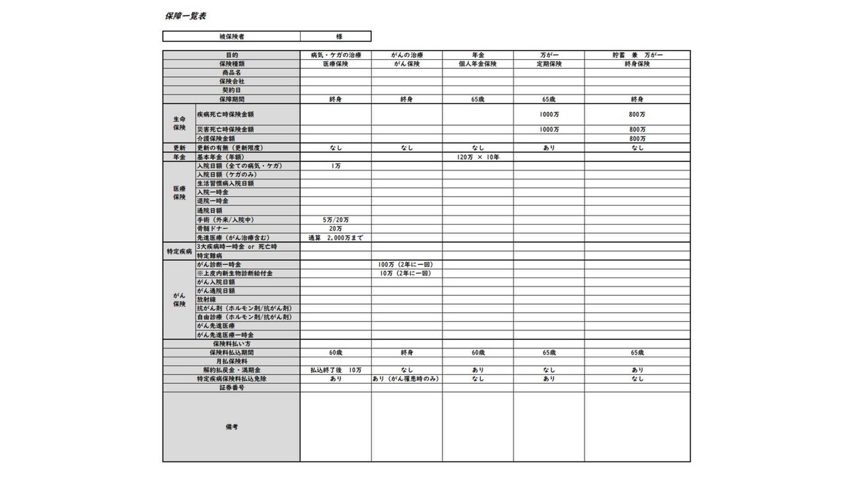 加入生命保険の一覧表作成します 見やすい一覧表を証券毎にまとめて作成 イメージ1