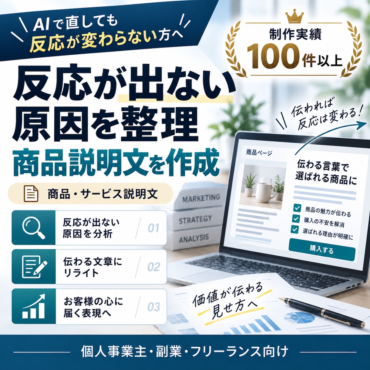 反応が出ない原因を整理し商品説明文を作成します 制作実績100件以上｜AIで直しても反応が変わらないあなたへ イメージ1