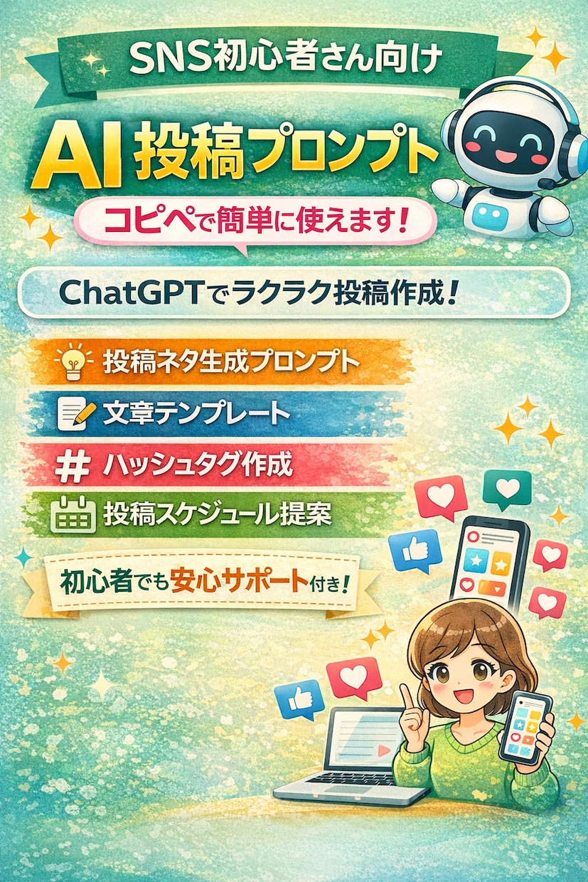 SNS投稿を作れるAIプロンプト提供します コピペするだけで投稿ネタと文章がすぐ完成します イメージ1