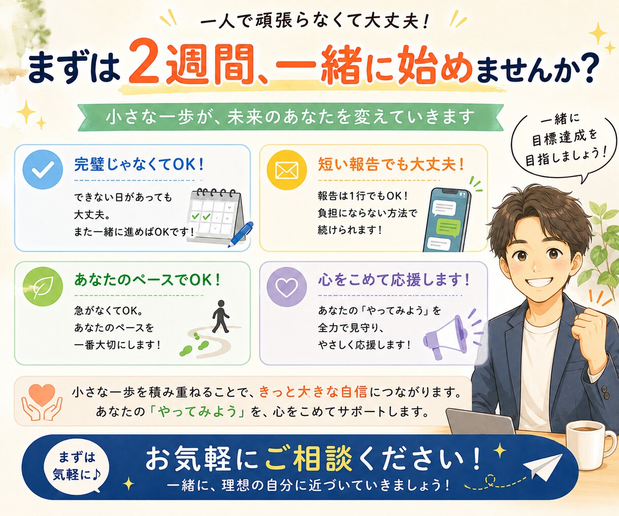 目標達成を2週間サポート☆優しく応援します 一人では続かない行動を優しく応援☆宣言と報告で継続をサポート イメージ8