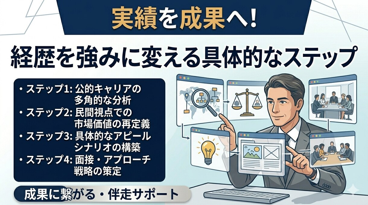 公的機関から民間！40代転職に向けた壁打ちします 40代・公的機関から民間へ！経歴を強みに変える管理部門壁打ち イメージ2