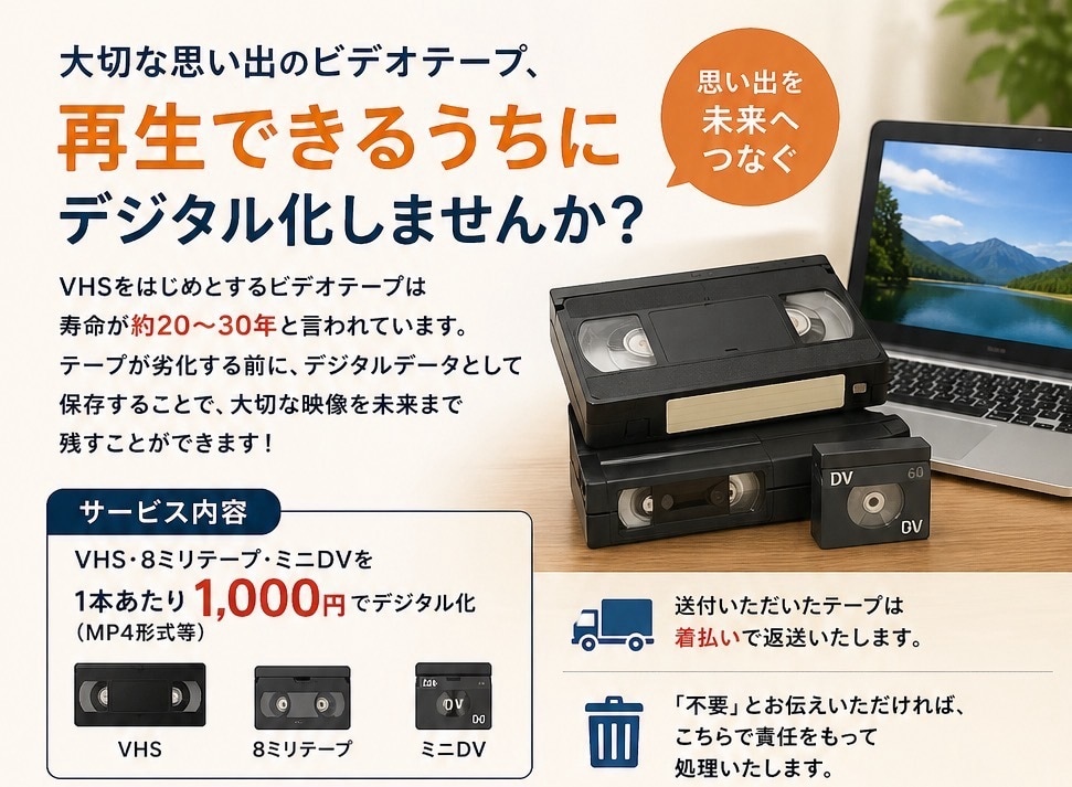 VHS・8ミリ・ミニDVのデジタル化代行します 一本１０００円！！１０本ごとに一本無料！！ イメージ1