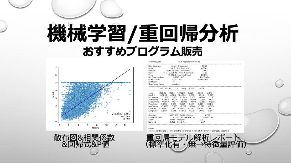 機械学習・重回帰分析　おすすめプログラム販売します 散布図（回帰式、相関係数、P値）・重回帰分析（特徴量評価） イメージ1