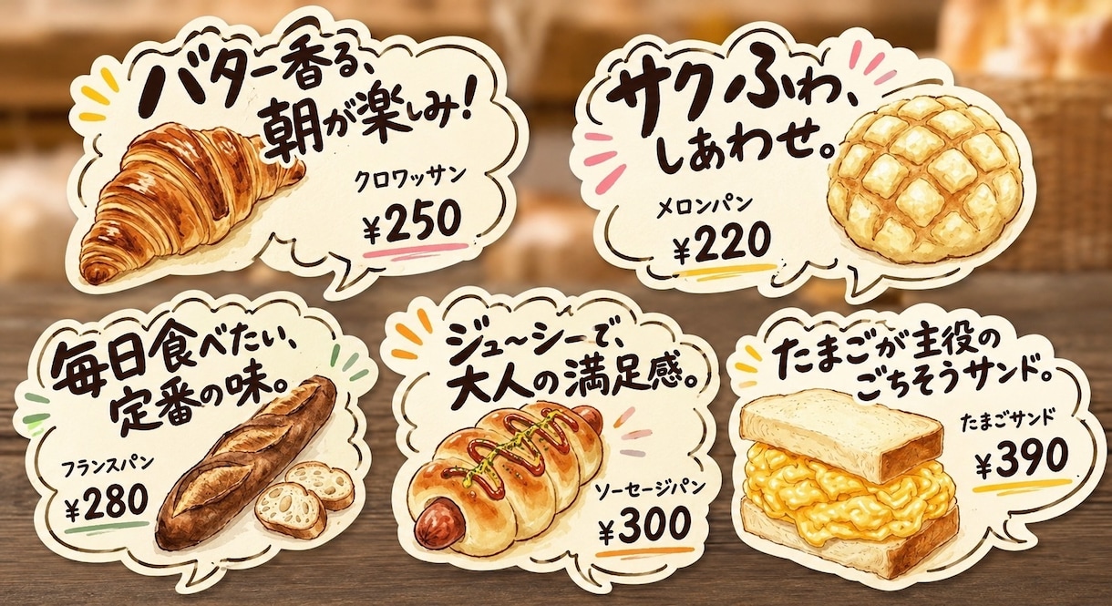 売上アップに！思わずお腹が空くPOPを制作します 【手書き風・シズル感重視】温かみのあるイラストパン イメージ1