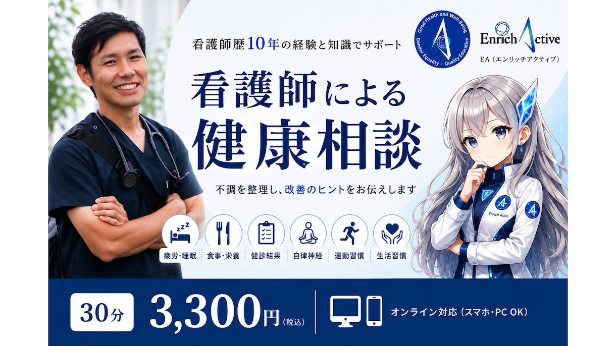 看護師が疲労・睡眠・食事のお悩みを整理します 疲れが取れない....あなたに合った解決方法を検討します！ イメージ1