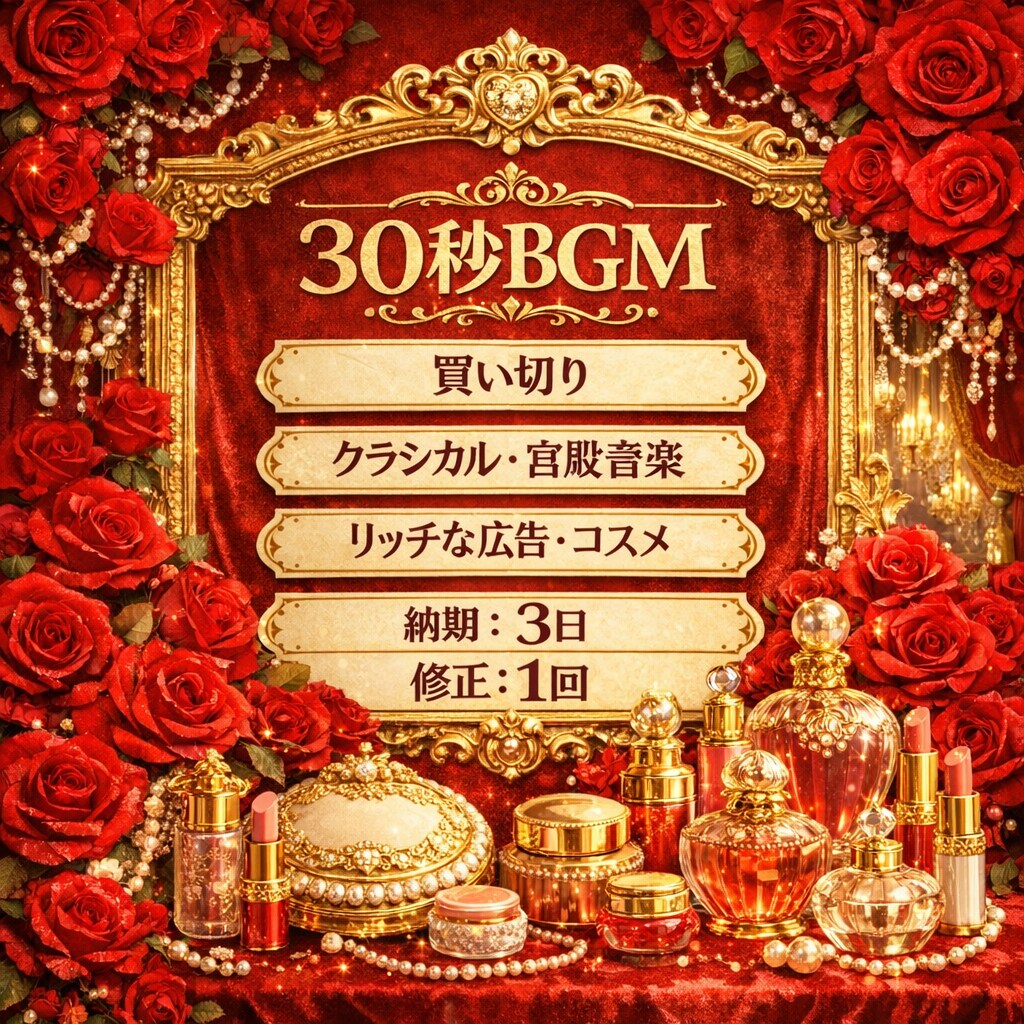 高級化粧品広告向け30秒古典調BGM制作します リッチな雰囲気を背景に置くBGMをつくります イメージ2