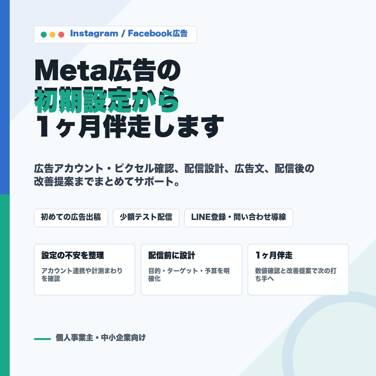 Meta広告初期設定から1ヶ月伴走サポートします 初めての広告設定から改善提案まで伴走 イメージ1