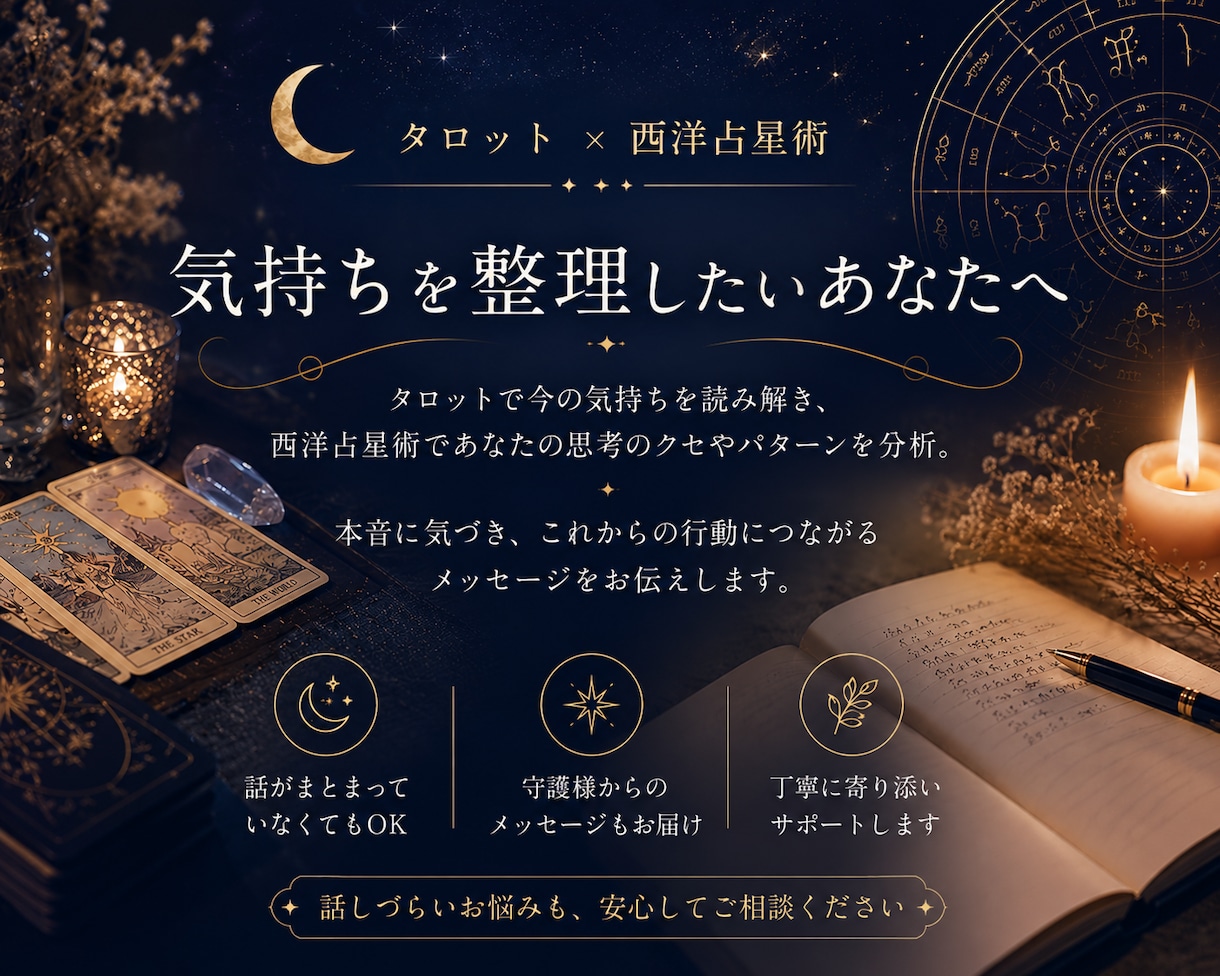 タロットでお悩みにこたえます 気持ちの整理をすすめて、現実を動かしていきましょう。 イメージ1