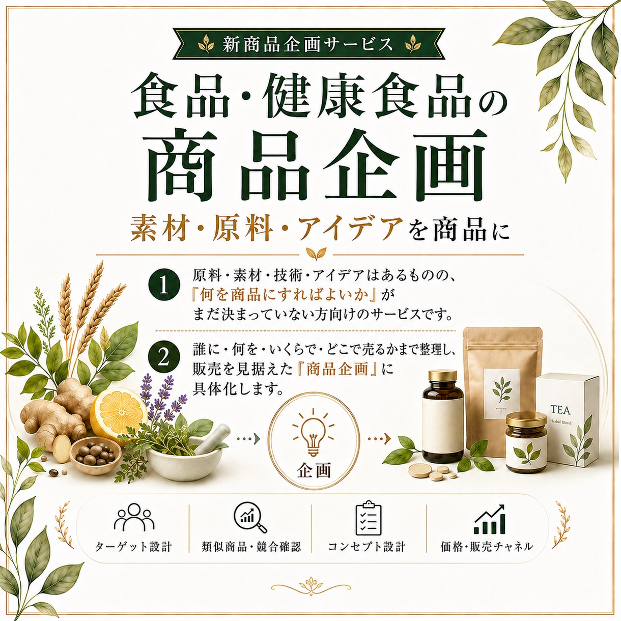 食品・健康食品のアイデアを商品企画にします 素材・原料・アイデアを販売まで見据えた商品企画に整理します イメージ1