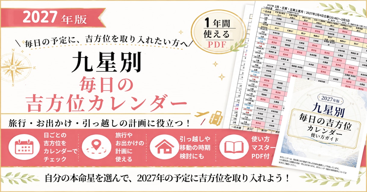 2027年版|1年分の毎日の吉方位表・販売します 年月日の吉方位・凶方位がカレンダー形式で一目でわかる優れもの イメージ1