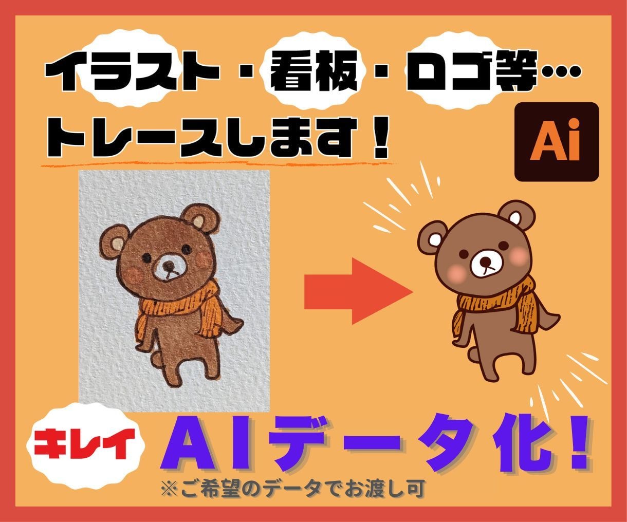 手描きイラストやロゴなどを丁寧にトレースします 高品質なAIデーターに仕上げます イメージ1