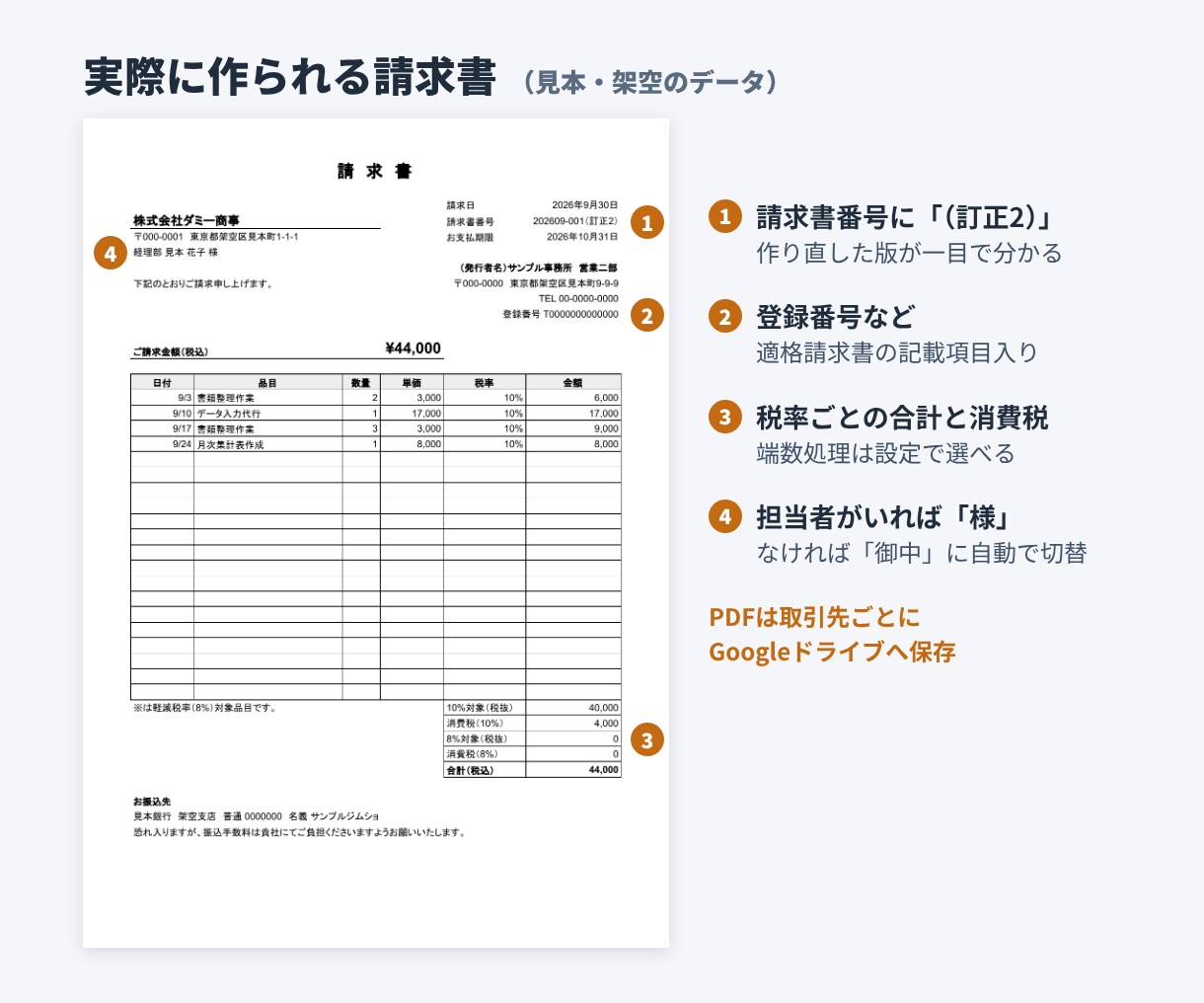 請求書などの帳票を一覧表から自動で作成します PDF作成から、訂正版の管理まで自動にします イメージ2