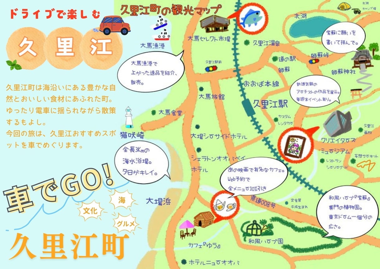 観光地案内地図、イラスト、案内文付きで作成します 観光地図、手描きイラストマップ！ アクセス、ガイドマップ作成 イメージ2
