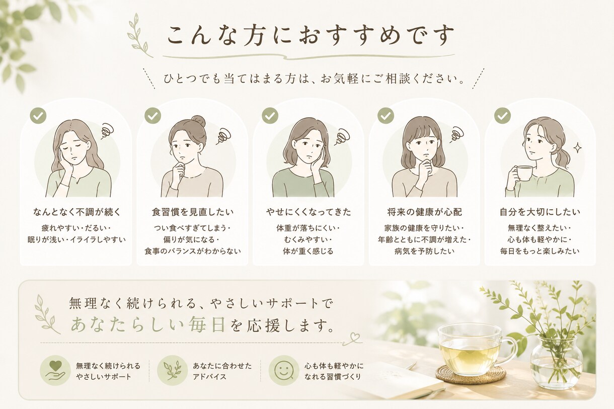 日々の不調を食習慣からやさしく整えます カウンセリングシートとAI分析をもとにお伝えします イメージ3