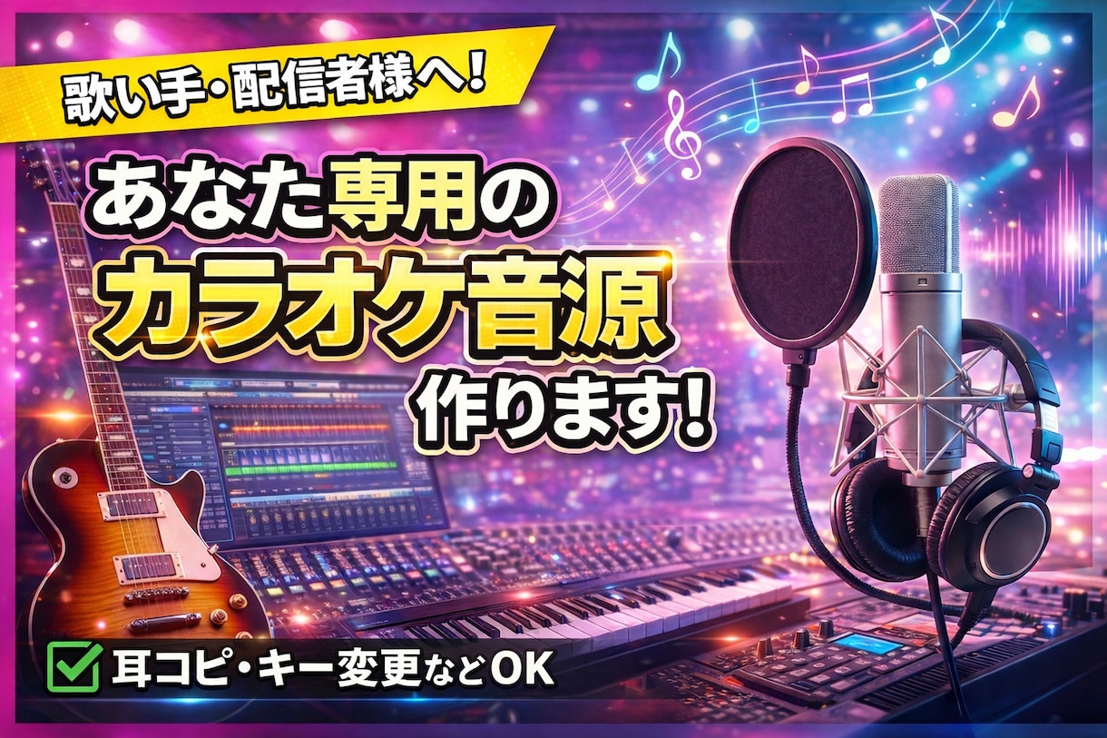 あなただけのオフボーカル音源を丁寧に制作します 「この曲を歌いたいのに音源がない…」そんなお悩みに。 イメージ1