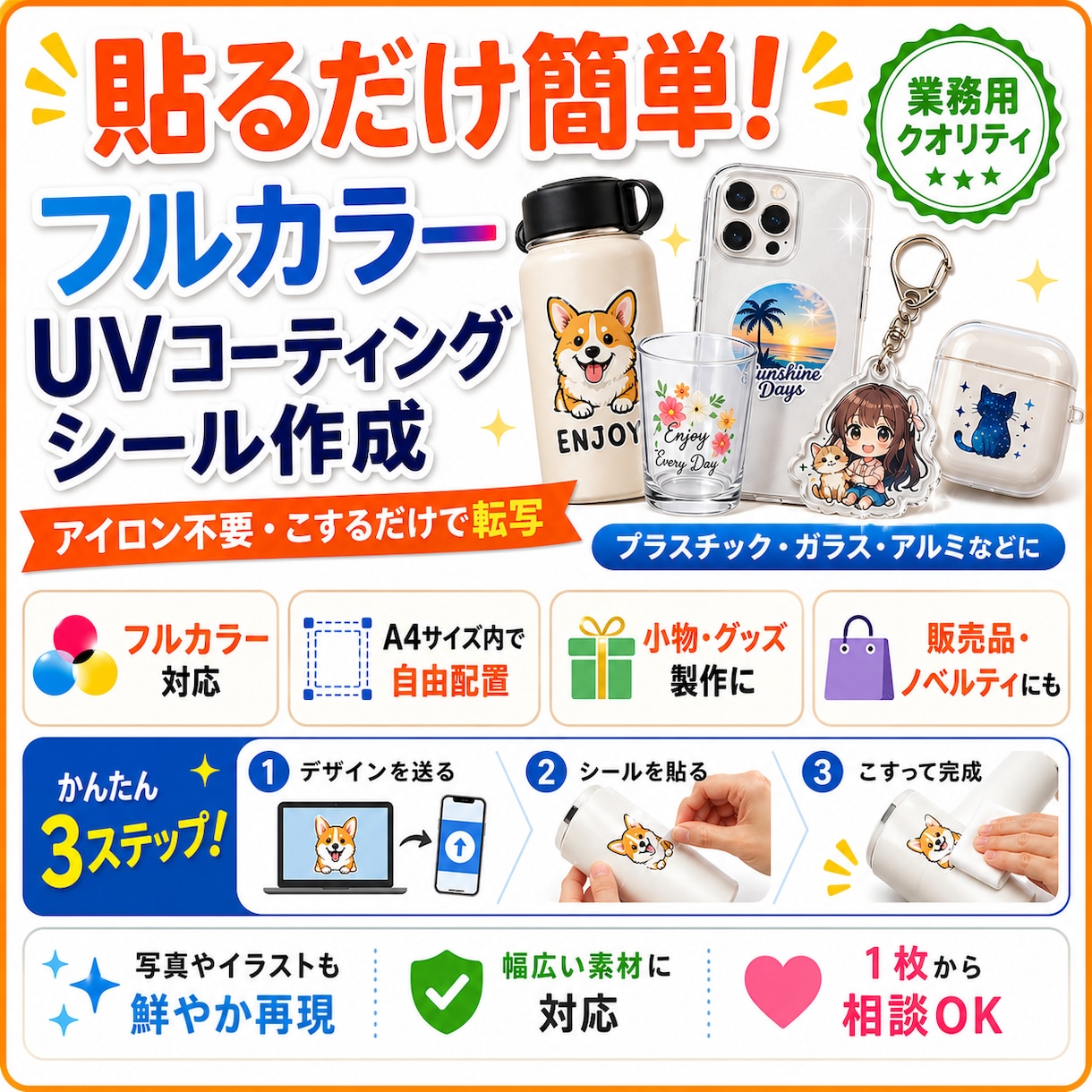 業務用フルカラーUVシールA4サイズを作成します プラスチックやガラス、アルミ製品など様々な素材にプリント！ イメージ1
