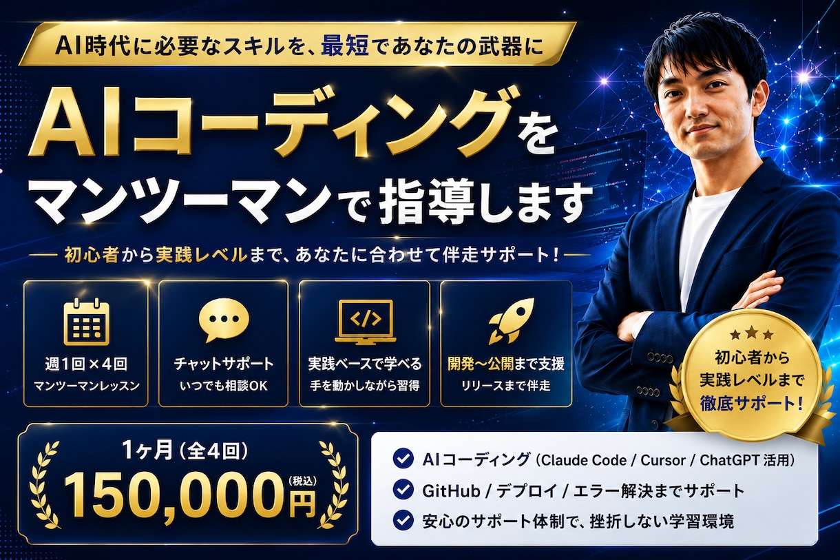 AIコーディングをマンツーマンで指導します 1ヶ月でAIコーディングを実践レベルまでサポートします。 イメージ1