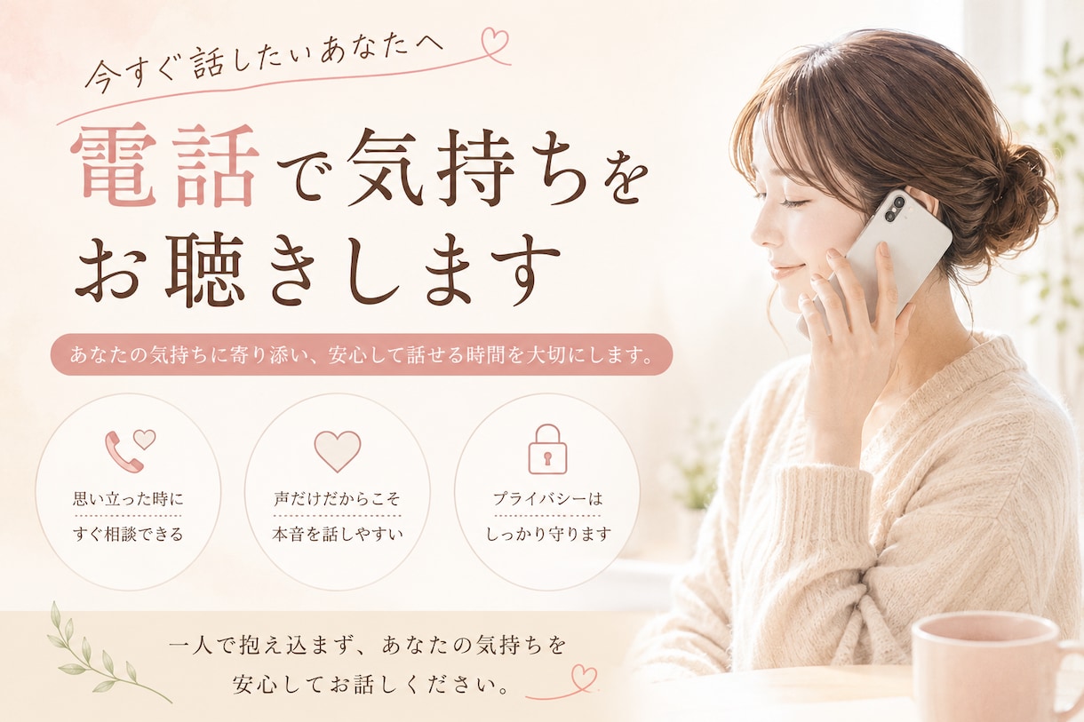 話すだけで心が軽くなる。電話で気持ちをお聴きします あなたの気持ちに寄り添い、安心して話せる時間を大切にします。 イメージ2