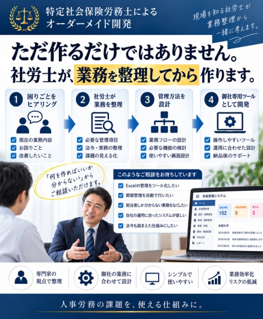 社労士が御社専用の労務管理ツールを開発します 「こんな管理ができたら」を、労務の専門家が形にします イメージ4
