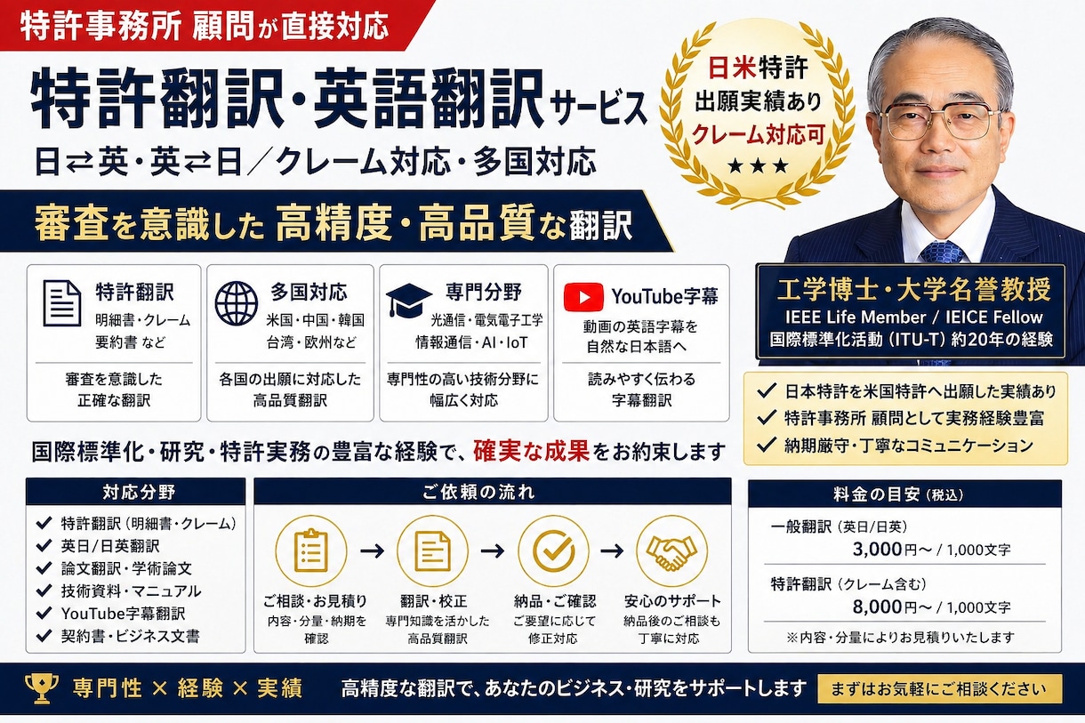 特許翻訳｜米国出願実績・クレーム対応・多国対応ます 特許事務所顧問｜日米特許出願実績・審査対応レベルの高品質翻訳 イメージ1