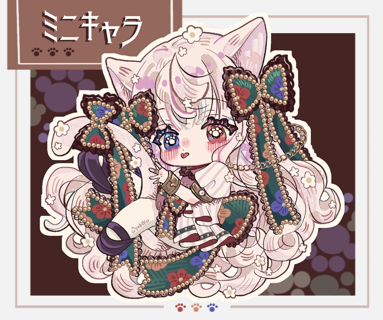 ロココアンティークな絵柄のミニキャラ絵作成します 特徴的なおめめデザインで2〜3頭身のちびキャラを描きます イメージ1
