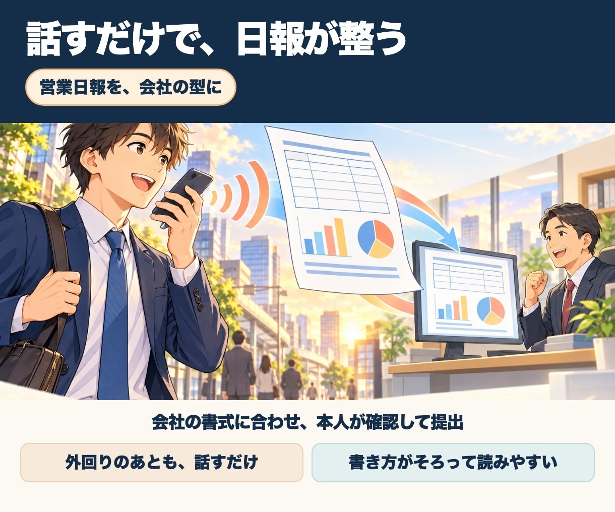 営業の日報をAIで楽に書ける仕組みを作ります 話すだけ・メモだけで、決まった書式の日報に イメージ1