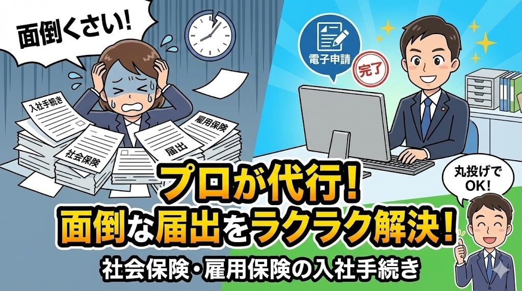 入社手続き面倒な社会保険雇用保険の届出を代行します 面倒な役所への手続きは、プロの社労士に丸投げしてください！ イメージ1