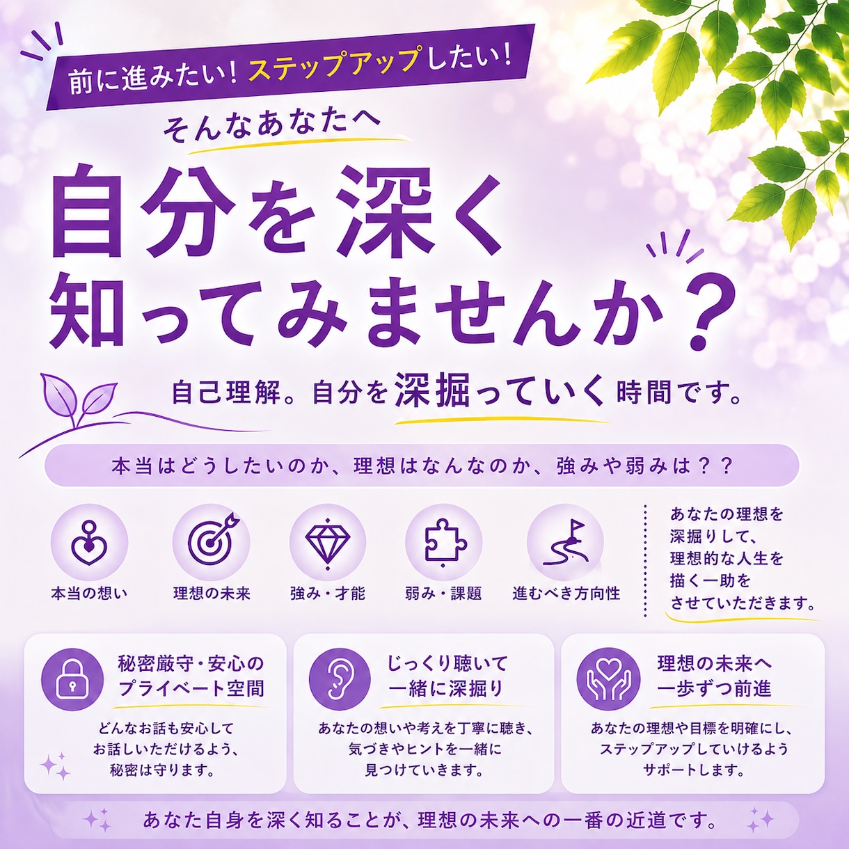 自分を深く知る時間。あなたらしさを見つけます 自己理解をすることで、前向きにポジティブになりましょう！ イメージ1