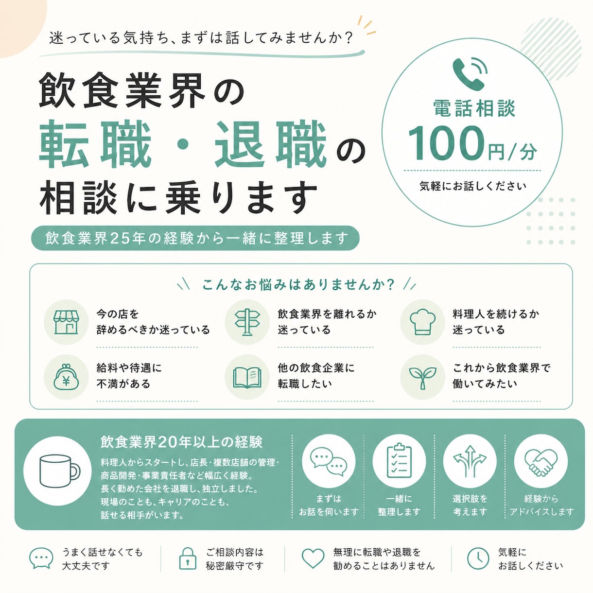 飲食業界の転職・退職の相談に乗ります 飲食業界25年の経験から一緒に整理します イメージ2