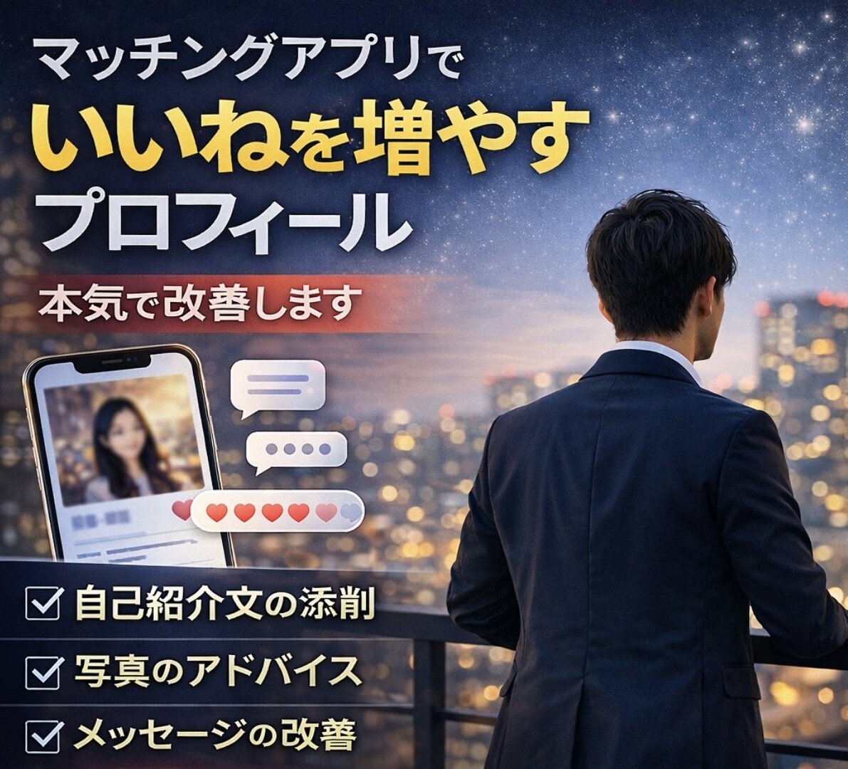 マチアプで「いいね！」が増えるプロフを添削します マチアプのプロフィール写真から文章まで貴方の強みを軸に添削！ イメージ1