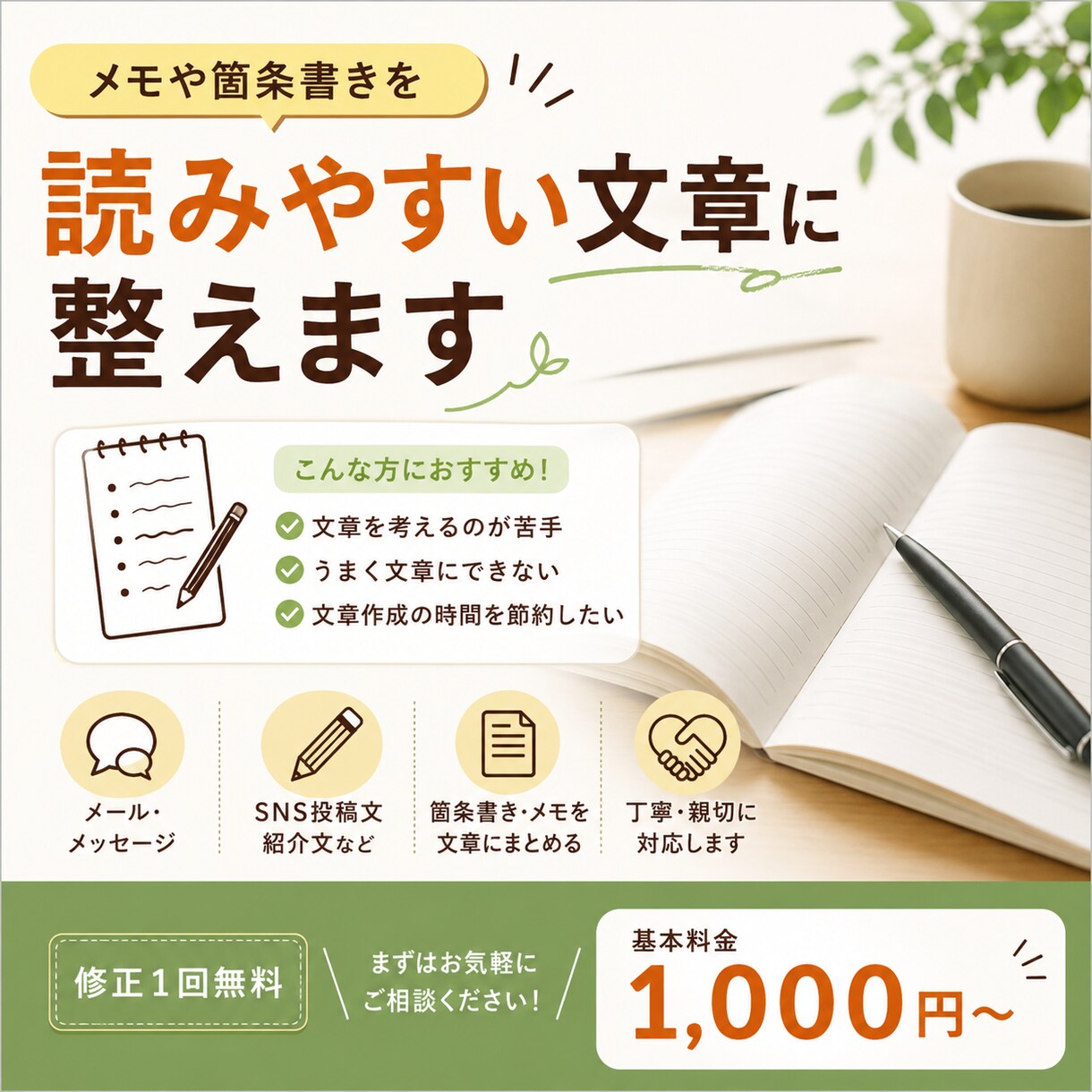 箇条書きやメモを読みやすい文章に整えます メモや箇条書きを自然な文章に整えます イメージ1