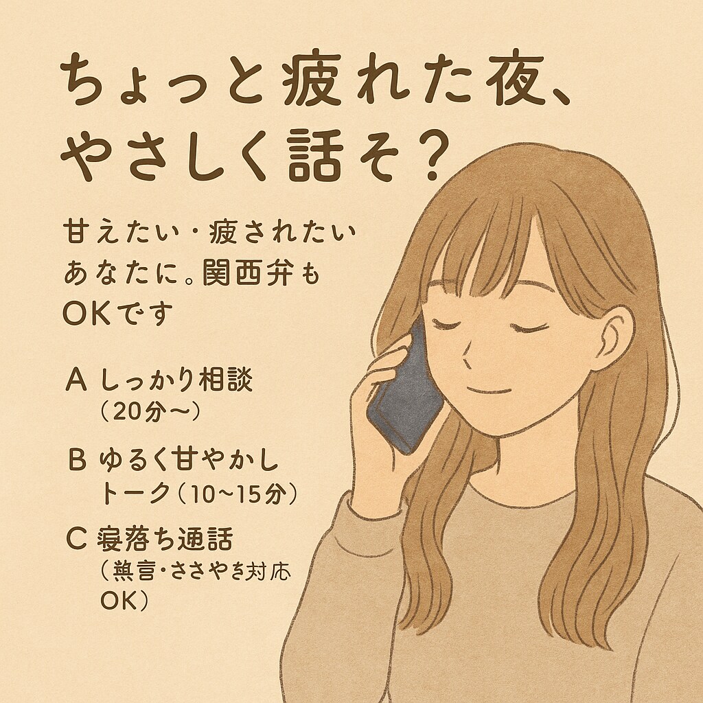 ちょっと疲れた夜、寄り添いやさしく話します 甘えたい・癒されたいあなたに。関西弁もOKです◎ イメージ1