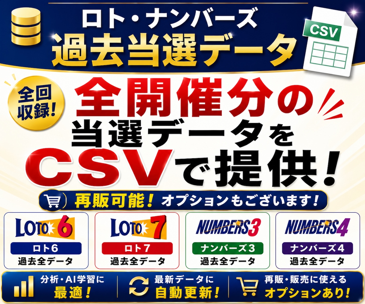 ロト・ナンバーズ 全当選データお渡しします 再販可能な自動更新機能付き有料オプションもございます イメージ1