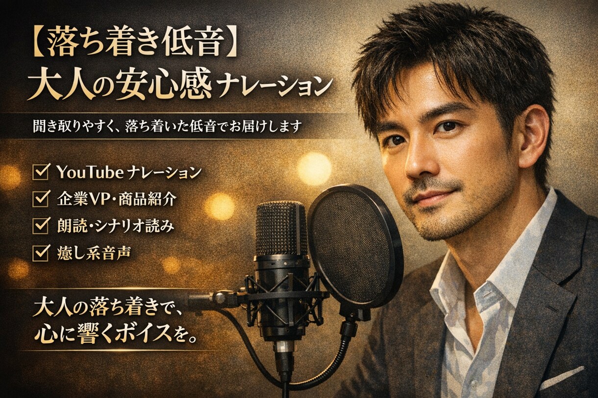 落ち着き低音　大人の安心感ナレーションします 聞き取りやすく、落ち着いた低音で届けます イメージ1
