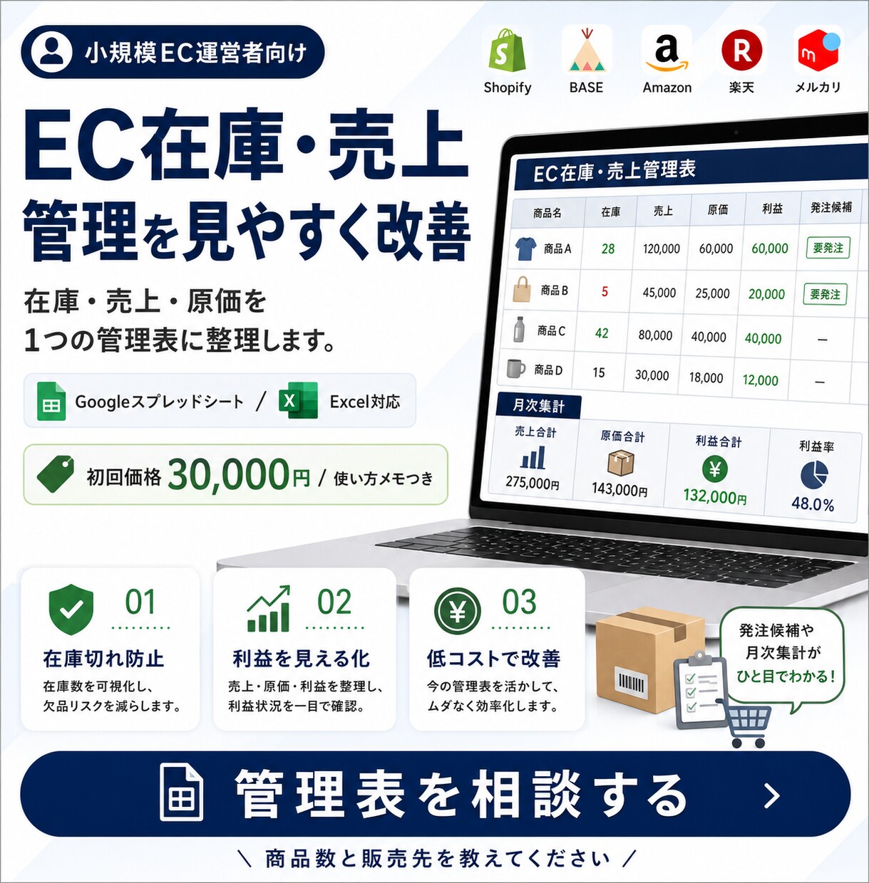 EC在庫売上管理表を改善します 在庫・売上・原価を見やすく整理 イメージ1