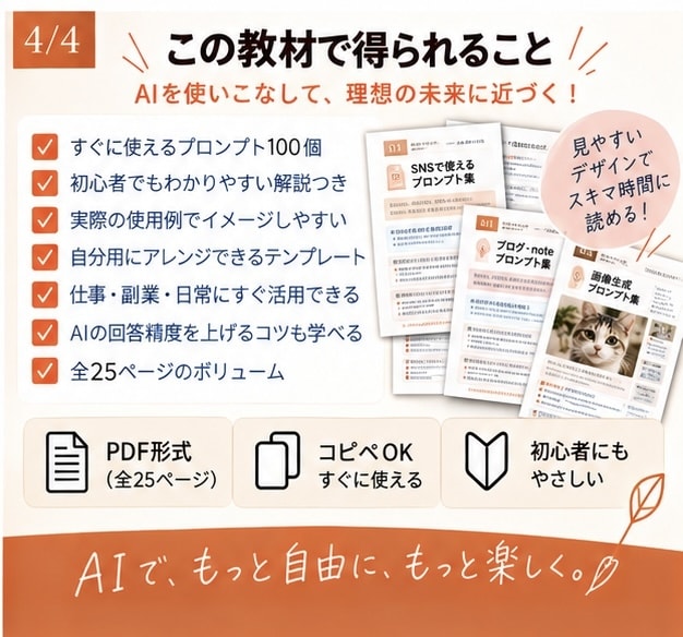 AI副業に使えるプロンプト100選をお届けします SNS・画像・ブログ・動画・販売・仕事までコピペで使えます イメージ4