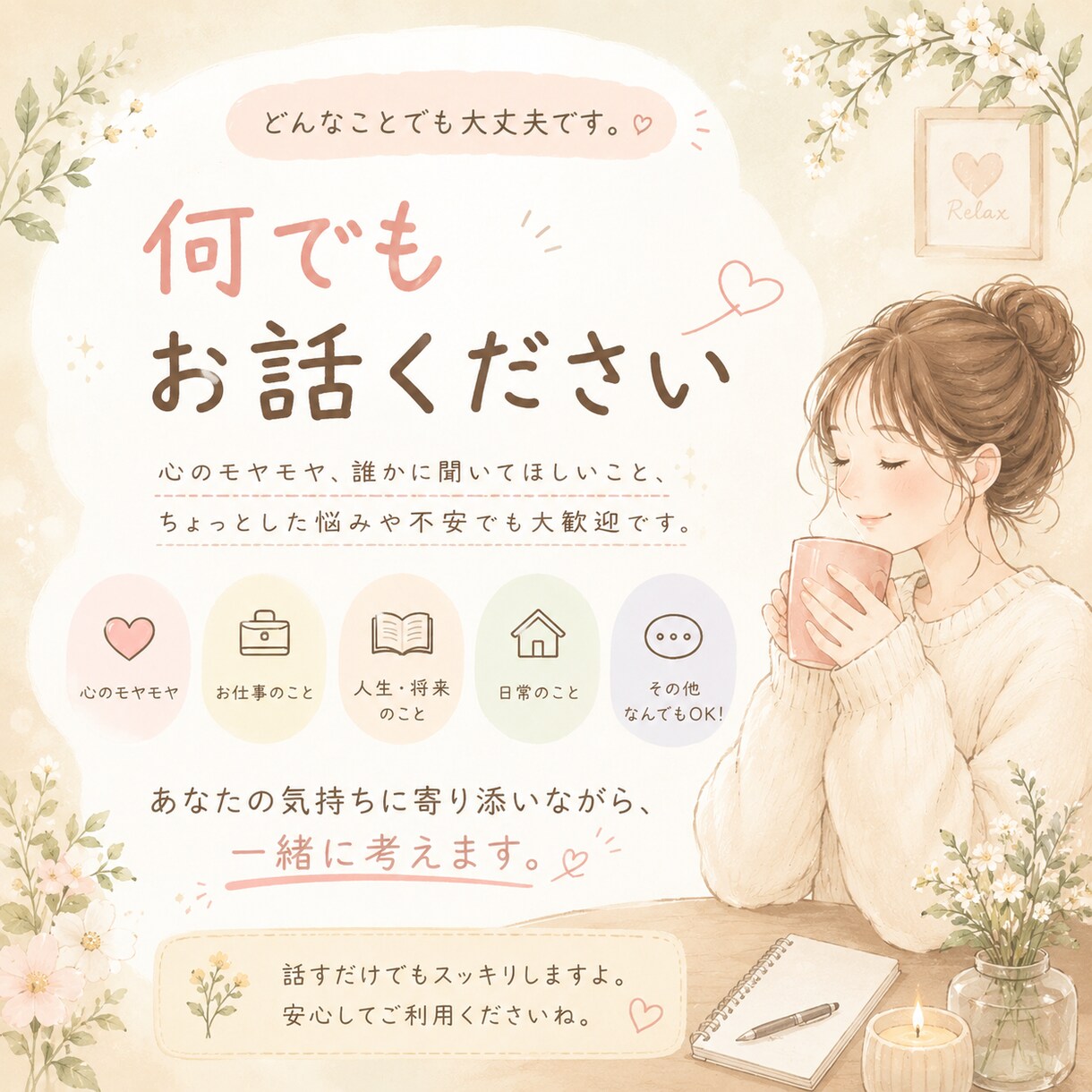 元キャバ嬢39歳どんなお話でも寄り添って聞きます 不倫・恋愛・家庭問題・人生相談など何でもお話しくださいね。 イメージ1