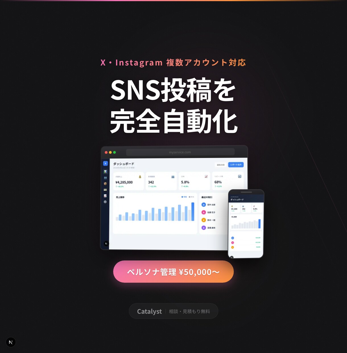 X・Instagram投稿をAIで自動化しますます 複数アカウント・ペルソナ管理対応。法人購入可 イメージ1