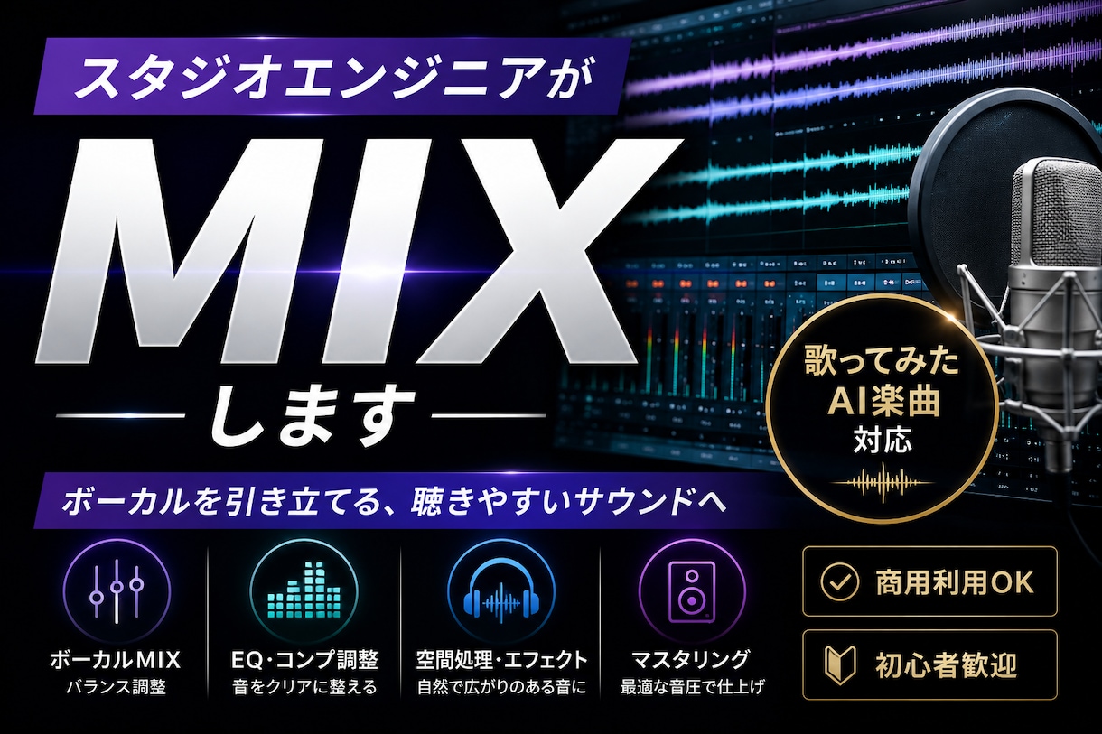 スタジオエンジニアがMIX・マスタリングします 7月まで限定価格で歌ってみた・オリジナル曲など編集します イメージ1